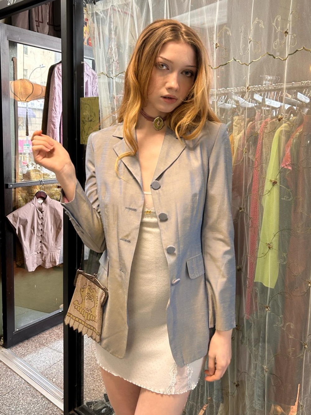 vintage 90s bebe blue silk blazer jacket